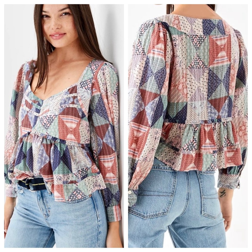 American Eagle Womens Boho Patchwork Colorful Babydoll Flowy Top‎ Blouse Size XS